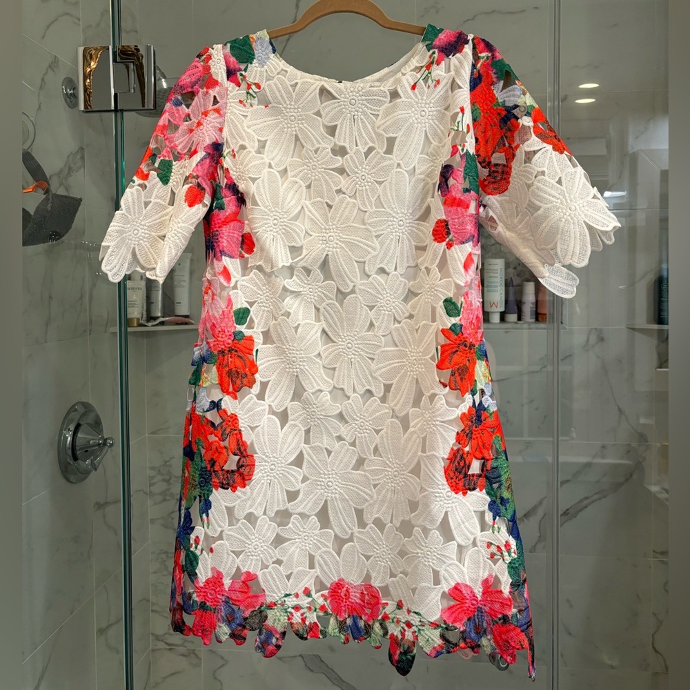 NWT Chicwish White Floral Lace Mini Dress with multicolor flower embellishment
